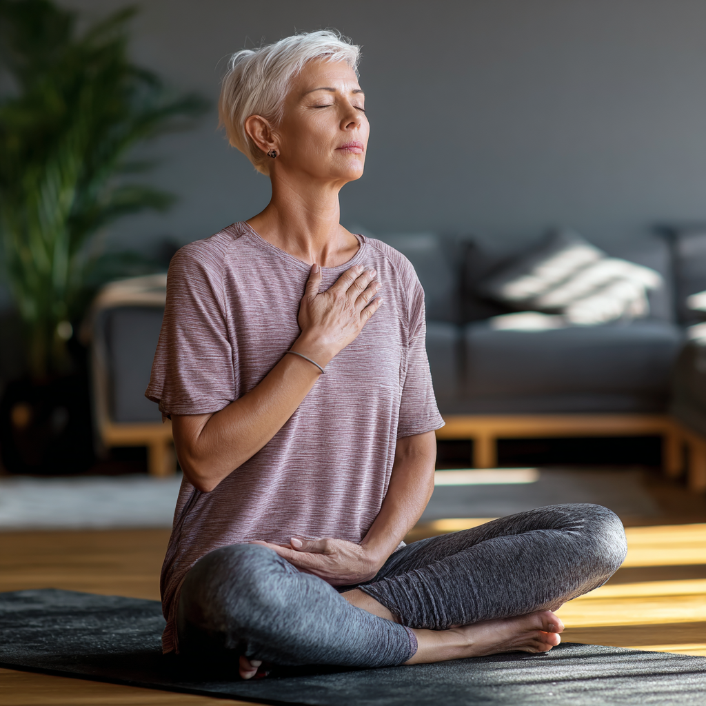 51 years old woman practicing gentle yoga breathing techniques in quiet space