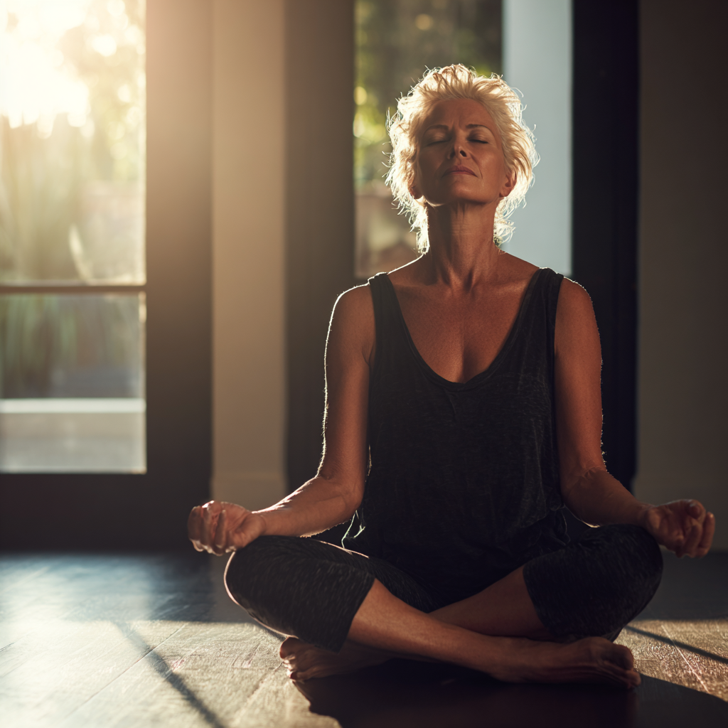Peaceful 50 years old woman in meditative lotus position surrounded by natural light